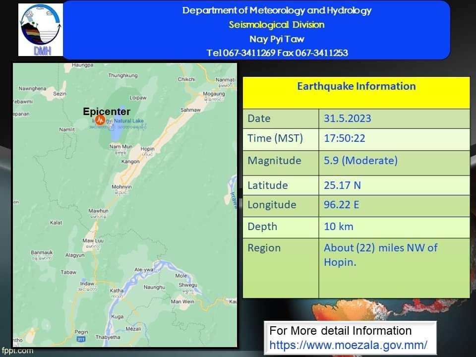 အင်းတော်ကြီးအိုင်အနီး ရစ်(ခ်)တာစကေး (၅.၉) အဆင့်ရှိ မြေငလျင်တစ်ခုလှုပ်ခတ်ခဲ့